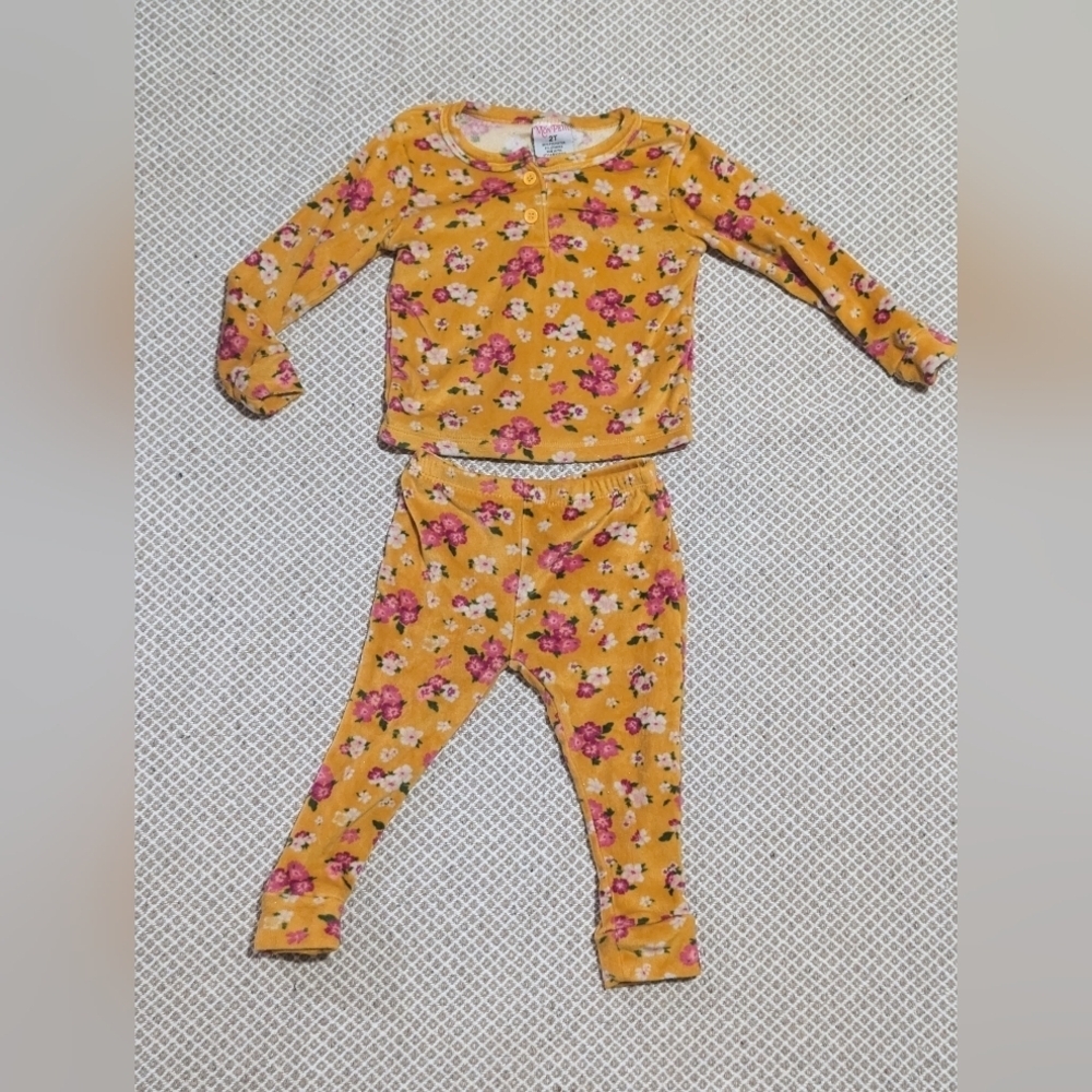 Velvet Bohemian Floral Kids Pajama Set in Yellow and Pink